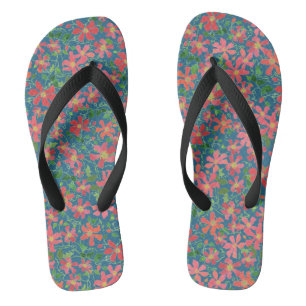 Chanclas Floral rosa, roja, Naranja clematis sobre azul pro