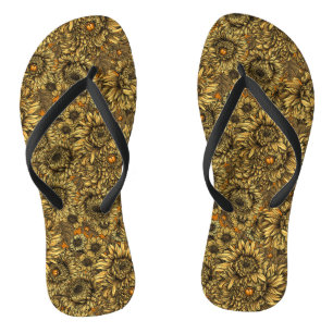 Chanclas Flores de crisantemo amarillo y escarabajos naranj