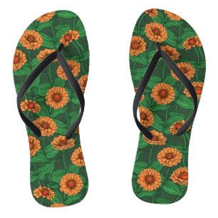 Chanclas flores de la zinnia naranja, hojas verdes sobre ve