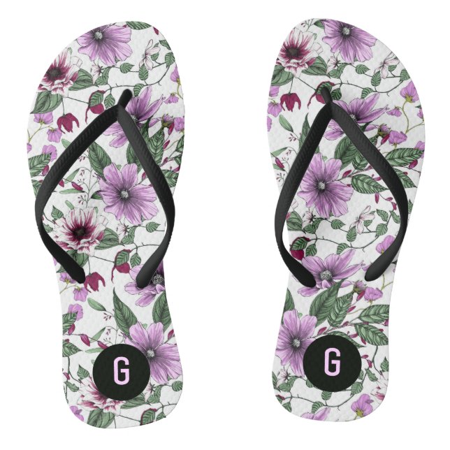 Chanclas Flores de lavanda con motivos de hojas verdes (Plantilla)