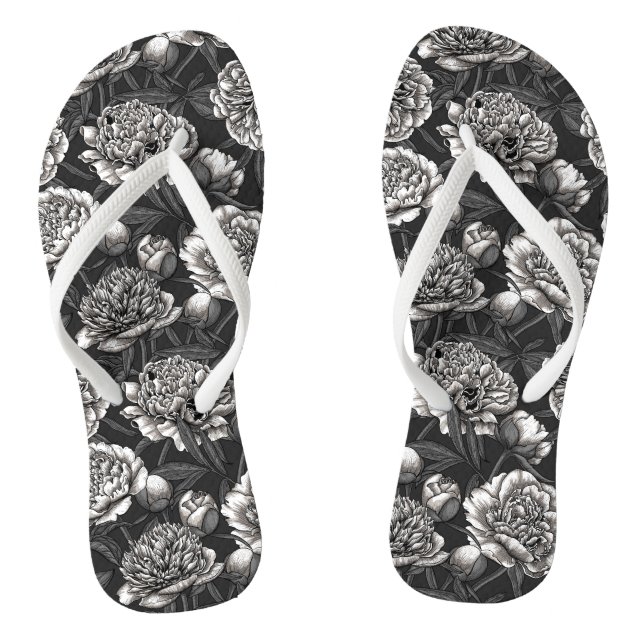 Chanclas Flores de peonía blanca en gris oscuro (Plantilla)