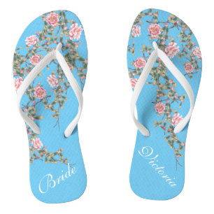 Chanclas Flores rosa florecientes Boda de novia azul