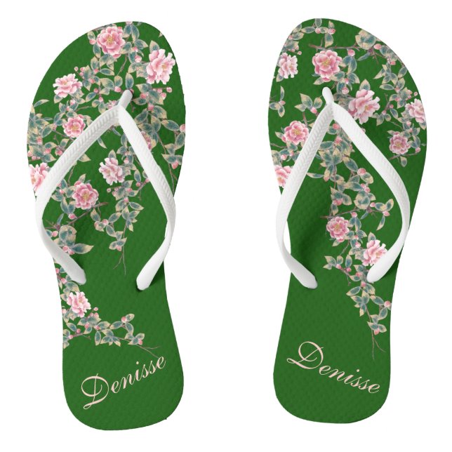 Chanclas Flores rosa florecientes Nombre personalizado Verd (Plantilla)