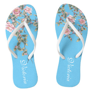 Chanclas Flores rosa fondo azul brillante personalizado F