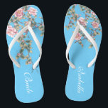 Chanclas Flores rosadas Boda azul brillante novia<br><div class="desc">Los flops tienen un ilustracion de flores rosas sobre un fondo azul brillante, y una tipografía de palabras bodas clásicas. Este hermoso par de elegantes chanclas sería un hermoso algo azul para un boda de primavera o verano. ♥ Personalizar con el texto utilizando los campos de plantilla. (H) Si desea...</div>