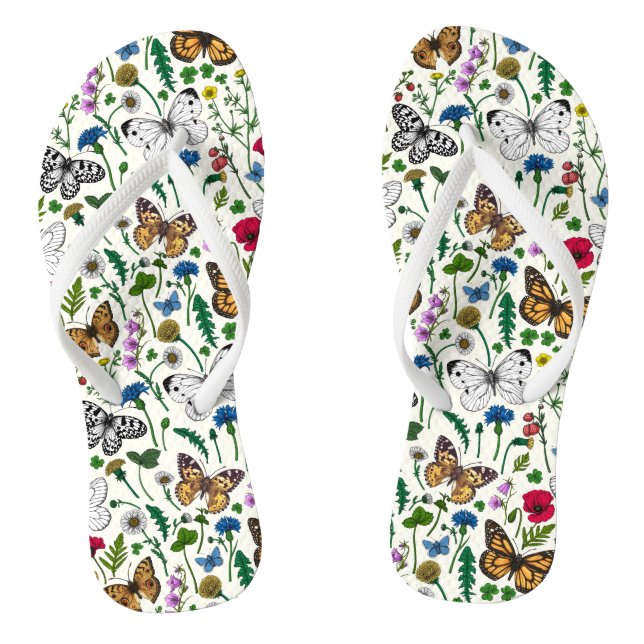 Chanclas Flores y mariposas silvestres en blanco (Plantilla)