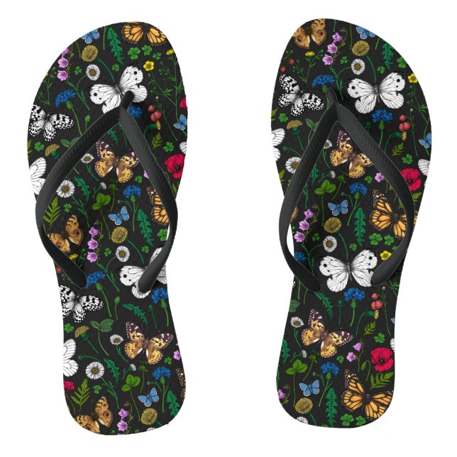 Chanclas Flores y mariposas silvestres en negro (Plantilla)