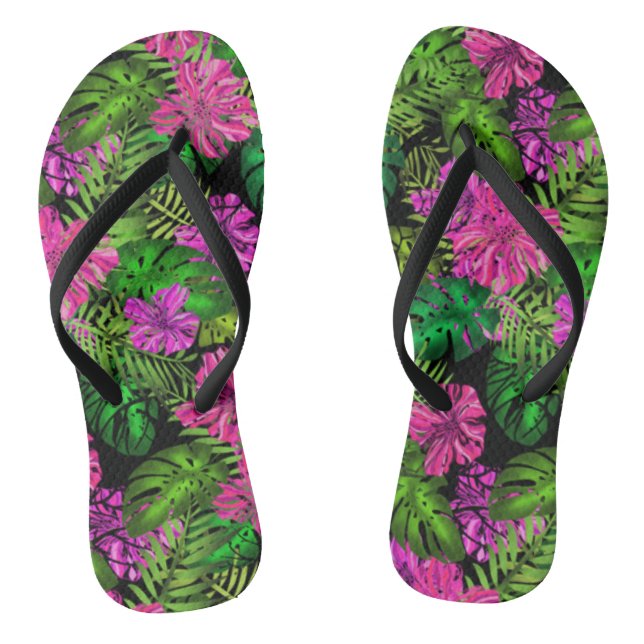 Chanclas Flores y plantas tropicales sobre negro (Plantilla)