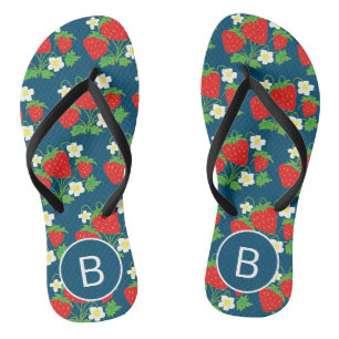 Chanclas Fresa y Flor Patrón Azul Monogramado