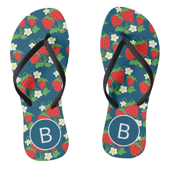 Chanclas Fresa y Flor Patrón Azul Monogramado (Plantilla)