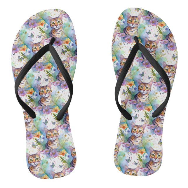 Chanclas Gato bengalí y flor volteando (Plantilla)