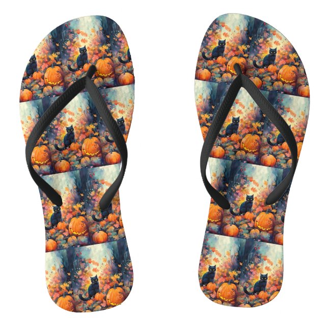 Chanclas Gato negro de Halloween con calabazas aterradoras (Plantilla)