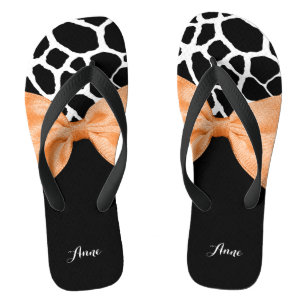 Chanclas Girly Giraffe Print Naranja Ribbon Bow Con Nombre