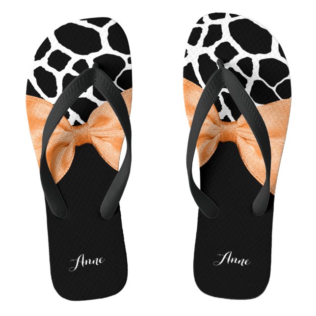 Chanclas Girly Giraffe Print Naranja Ribbon Bow Con Nombre (Plantilla)