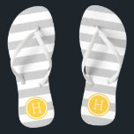 Chanclas Gris y Amarillo de las franjas de perrito Monogram<br><div class="desc">Personalizado imprimió sandalias "flip-flop" con un patrón de franja náutica preppy y su monograma personalizado u otro texto en un marco circular. Haga clic en Personalizar para cambiar los tipos de letra y los colores del texto o para agregar sus propias imágenes para crear un diseño único de un tipo....</div>