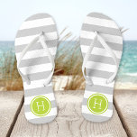 Chanclas Gris y verde en franjas de perrito Monograma<br><div class="desc">Personalizado imprimió sandalias "flip-flop" con un patrón de franja náutica preppy y su monograma personalizado u otro texto en un marco circular. Haga clic en Personalizar para cambiar los tipos de letra y los colores del texto o para agregar sus propias imágenes para crear un diseño único de un tipo....</div>