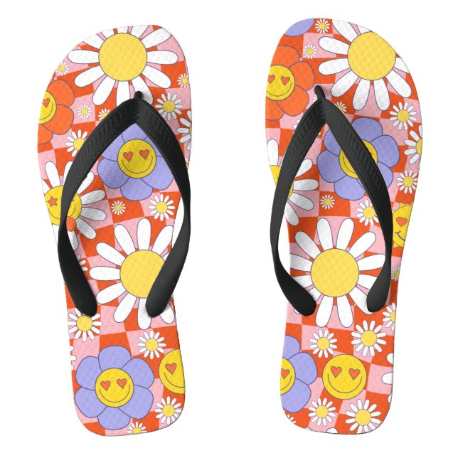 Chanclas Groovy Daisy Floral Checkerboard, años 90 (Plantilla)