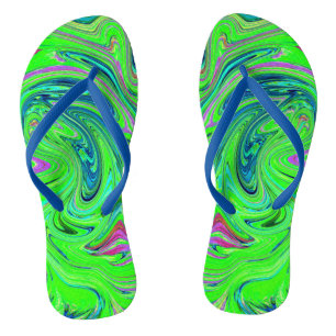 Chanclas Groovy Lime verde y azul Resumen de arte retro