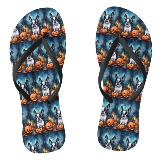 Chanclas Halloween Boston Terrier con calabazas aterradoras (Plantilla)