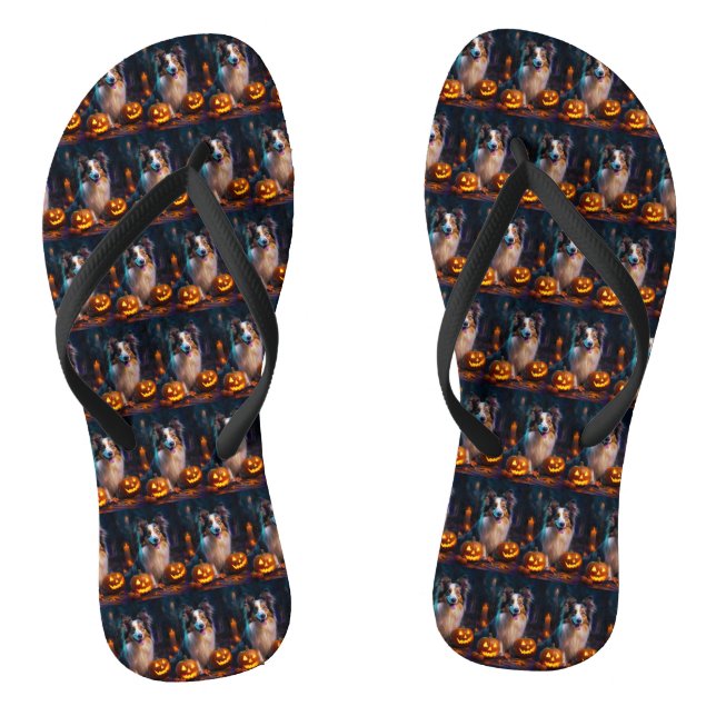 Chanclas Halloween Shetland Sheepdog con calabazas asustada (Plantilla)
