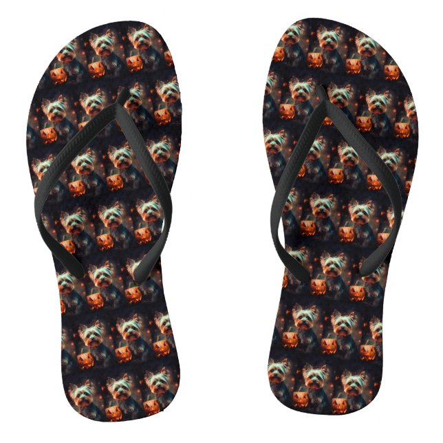 Chanclas Halloween Yorkshire Terrier con calabazas temerosa (Plantilla)