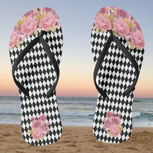 Chanclas Harlequín blanco negro con flores rosadas
