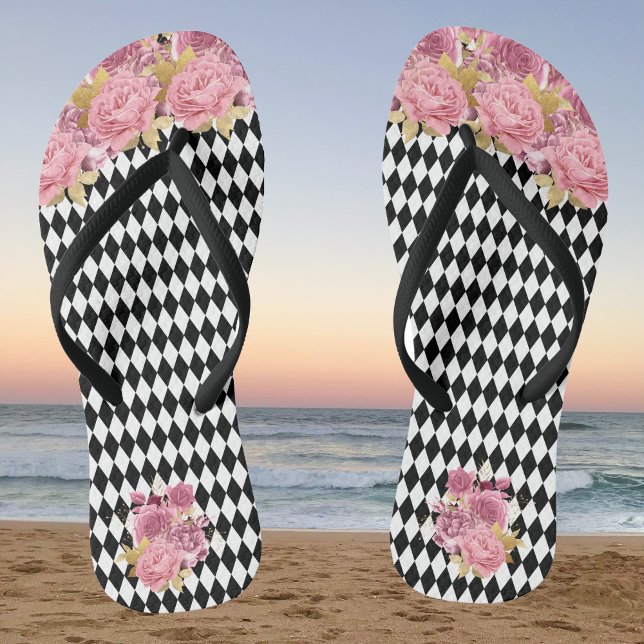 Chanclas Harlequín blanco negro con flores rosadas (Subido por el creador)