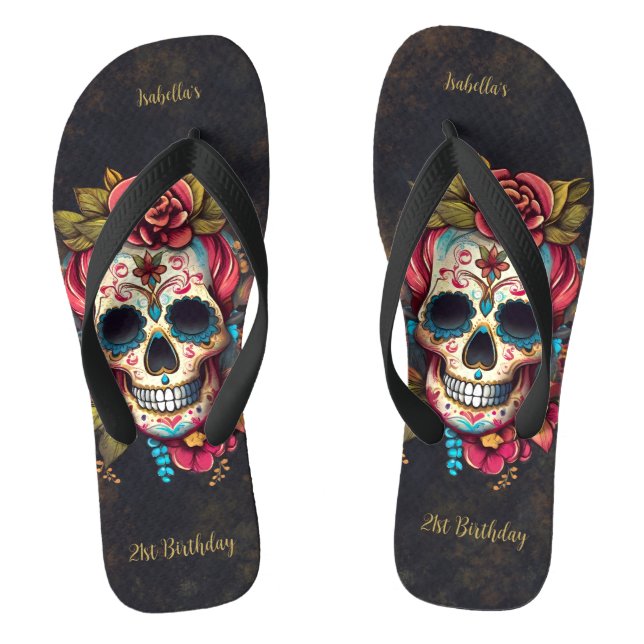 Chanclas Hito de la calavera azucarera floral Cumpleaños (Plantilla)