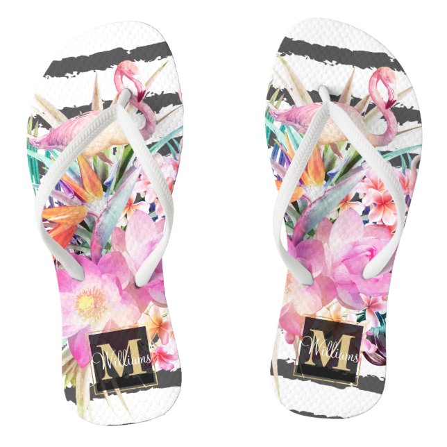 Chanclas hojas florales tropicales y franjas flamencas (Plantilla)