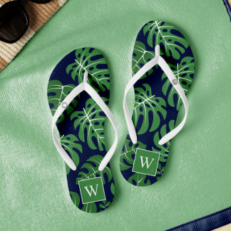 Chanclas Hojas Monstera Monogramadas azules y verdes