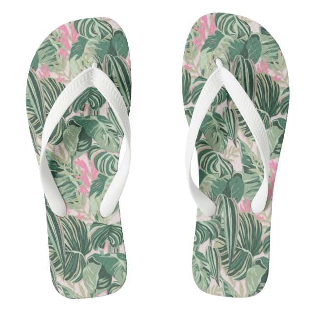 Chanclas Hojas tropicales verdes y rosas | Cumpleaños feliz (Plantilla)