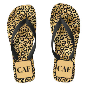Chanclas Inicial de Monograma Negro Impresión Leopardo Chee