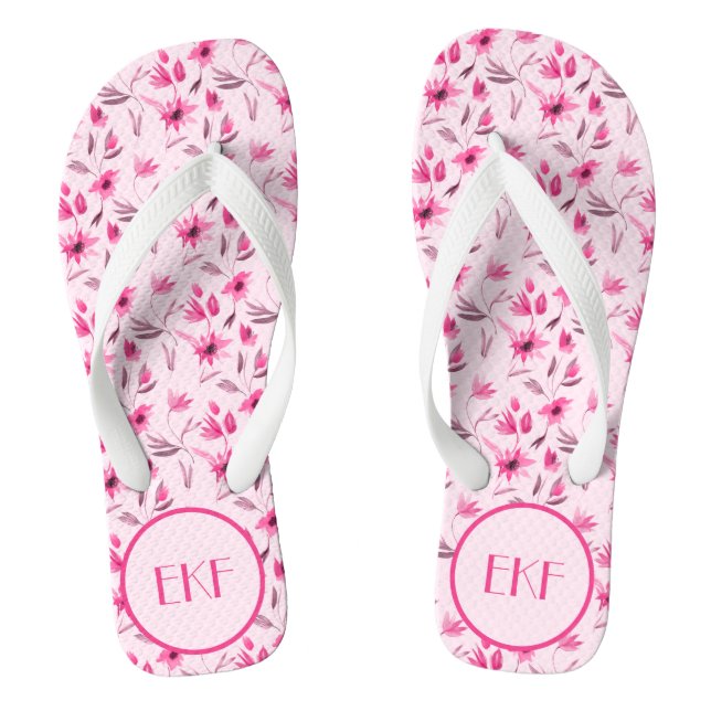 Chanclas Iniciales monogramadas de hembras florales rosadas (Plantilla)