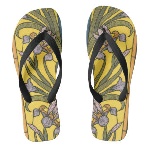 Chanclas Iris Flor Art Nouveau Vidrio Manchado Oro Azul