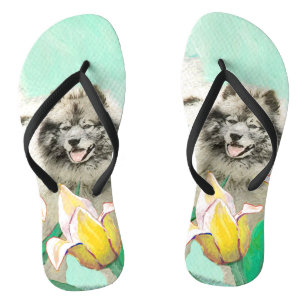 Chanclas Keeshond en tulipanes pintando arte original del p