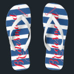 Chanclas La empleada doméstica personalizada de honor azul<br><div class="desc">Patrón de rayas azul y blanco rojo mostaza - Cambiar a cualquier color haciendo clic en personalizar. Y di lo que quieras. Haz de estos unos pequeños "flops" que tengan tu mensaje. ¡Habla de la playa!</div>