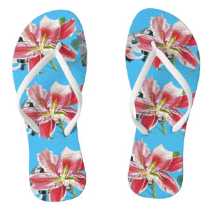 Chanclas Lily Roja Flores Florales Azules Bragas para Damas