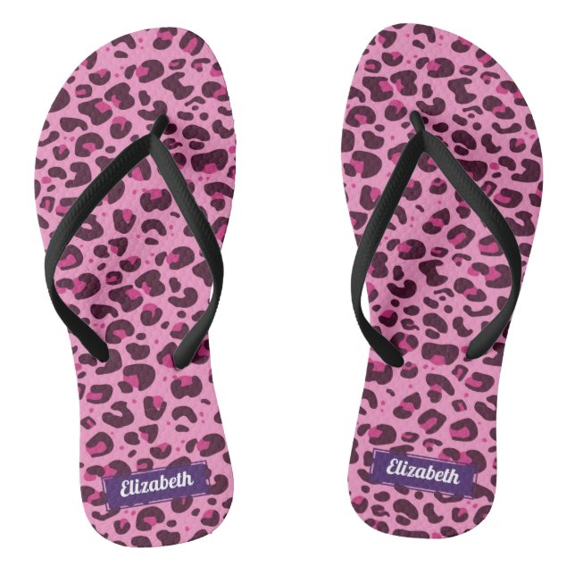 Chanclas Lugares elegantes de leopardo rosa con nombre (Plantilla)