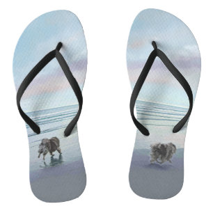 Chanclas Manos en la pintura de perro en la costa