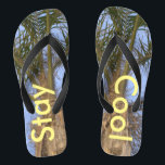 Chanclas Mantente Guay Palm Trees Blue Sky Flip Flops<br><div class="desc">Palmeras con un cielo azul Bonito Unisex Flip Flops. Con la redacción en un amarillo soleado, Stay Guay. Perfecto para el verano y divertida chanza para hombres o mujeres para quien ame el verano y la arena entre los dedos de los pies, o para una boda de destino en la...</div>