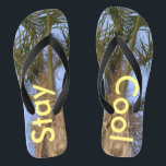 Chanclas Mantente Guay Palm Trees Blue Sky Flip Flops<br><div class="desc">Palmeras con un cielo azul Bonito Unisex Flip Flops. Con la redacción en un amarillo soleado, Stay Guay. Perfecto para el verano y divertida chanza para hombres o mujeres para quien ame el verano y la arena entre los dedos de los pies, o para una boda de destino en la...</div>