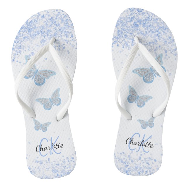 Chanclas Mariposas azules monograma nombre blanco purpurina (Plantilla)