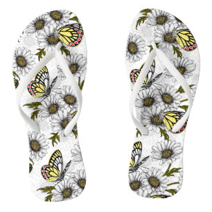 Chanclas Mariposas Jezebel y flores de margarita en blanco