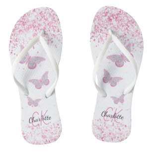 Chanclas Mariposas rosas purpurina monograma de nombre blan