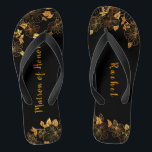 Chanclas Matrón de Honor Patrón de Foliage de Oro Negro de<br><div class="desc">Esta espléndida matrona de flechas de honor de motivos negros y dorados ostenta una lujosa paleta dorada y negra, con un impresionante patrón dorado floral y una tipografía moderna sobre un fondo negro, que exuberan elegancia y sofisticación. Es un hermoso regalo para tu fiesta de novias. Vea la colección en...</div>