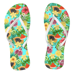 Chanclas Mezcla tropical, flores y hojas en azul