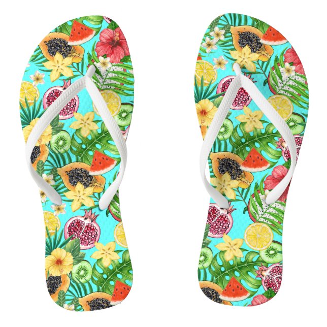 Chanclas Mezcla tropical, flores y hojas en azul (Plantilla)