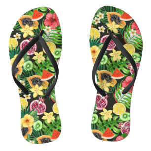 Chanclas Mezcla tropical, flores y hojas en negro