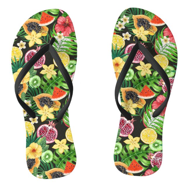 Chanclas Mezcla tropical, flores y hojas en negro (Plantilla)