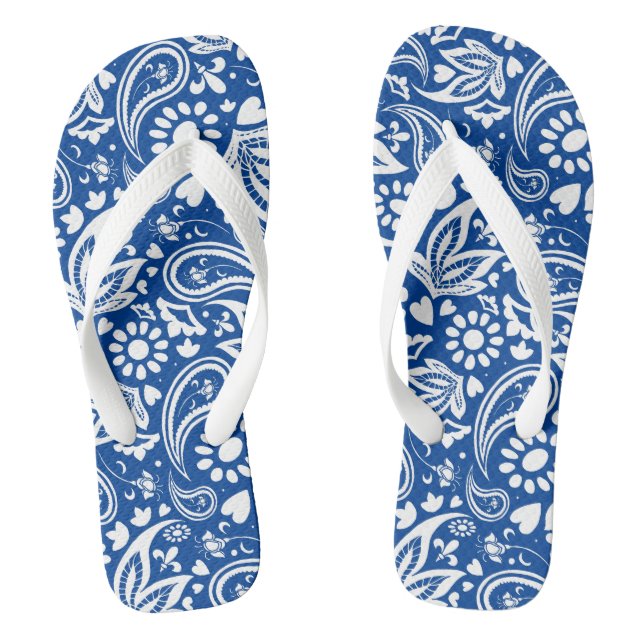 Chanclas Moda Boho Blue White Paisley y patrón de flores (Plantilla)